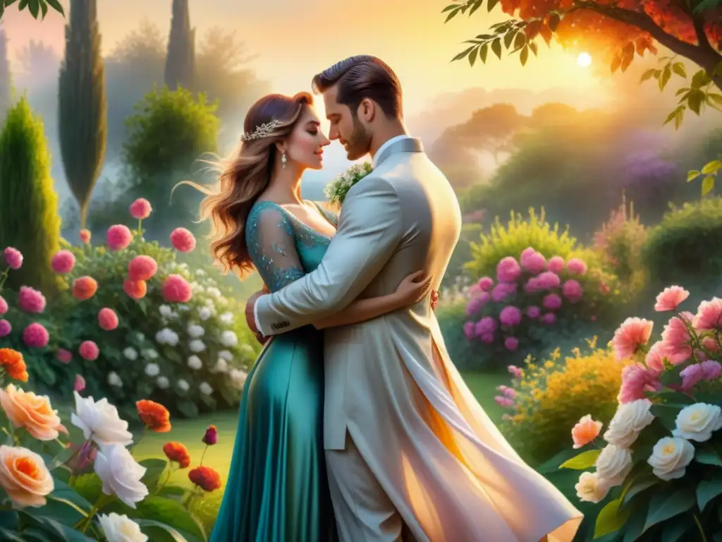 Un abrazo apasionado entre amantes en un jardín romántico al atardecer, lleno de pasión y romanticismo