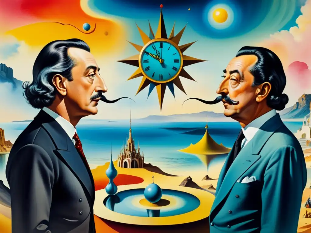 Una acalorada conversación entre Dalí y Breton en un escenario surrealista lleno de elementos oníricos