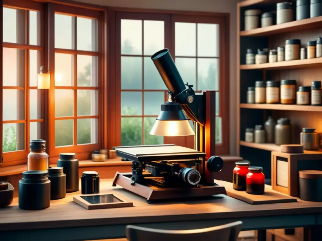 Un acogedor laboratorio fotográfico casero para principiantes, con detalles vintage y cálido ambiente creativo