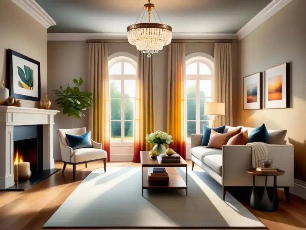 Un acogedor salón pintado con técnicas de pintura para interiores, con efecto degradado en las paredes y una atmósfera cálida y serena
