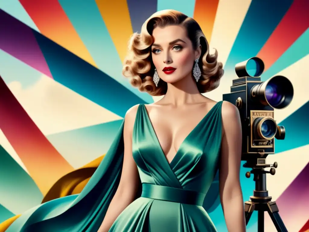 Una actriz de Hollywood clásica con glamour atemporal, rodeada de telas coloridas y una cámara de cine vintage