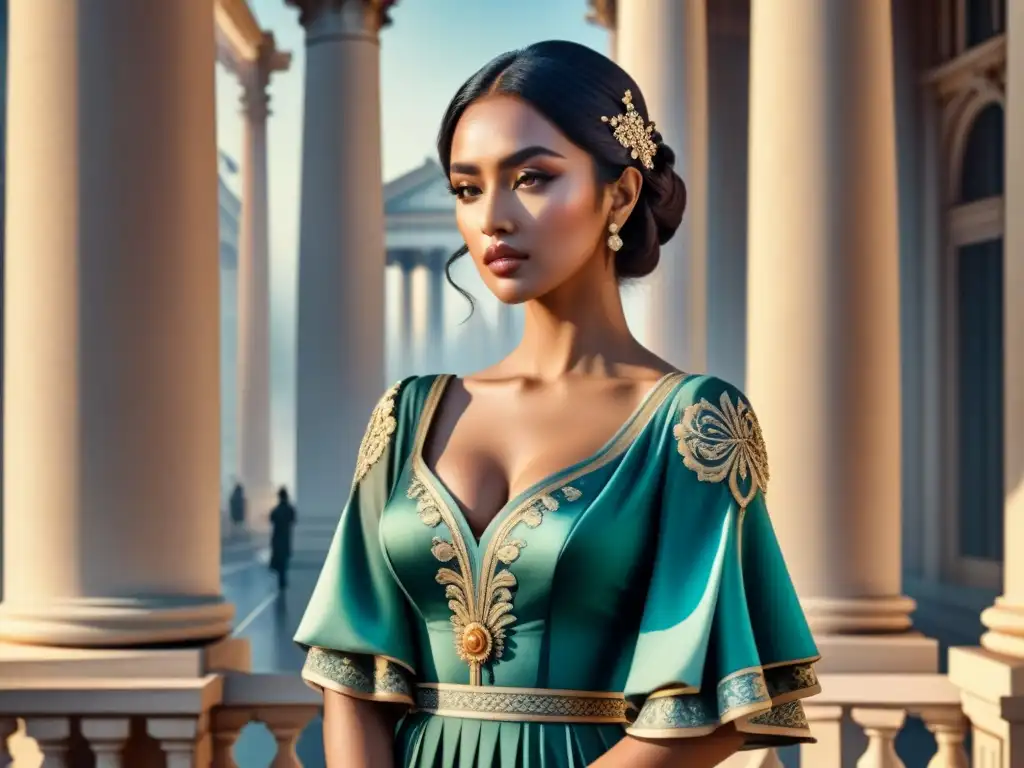 Arte acuarela: Fusión Neoclásica y moda contemporánea Acuarela fusiona arquitectura neoclásica con moda contemporánea, reflejando la influencia del Neoclasicismo en diseño