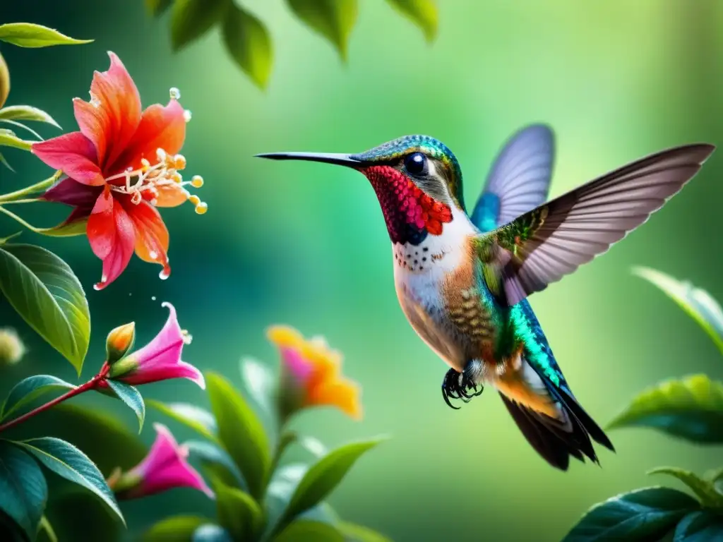 Una acuarela cautivadora de un delicado colibrí en una flor vibrante, reflejando la luz del sol