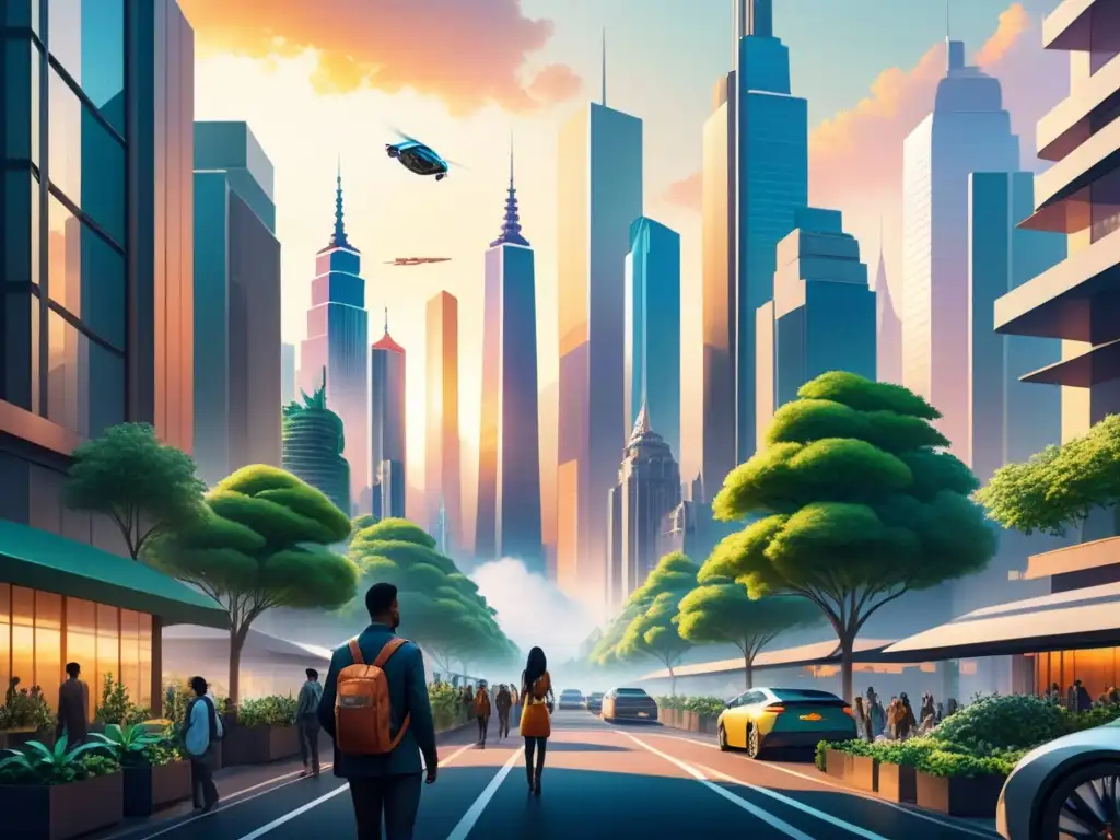 Ilustración en acuarela de una ciudad futurista con rascacielos y naturaleza, bañada por la luz del atardecer