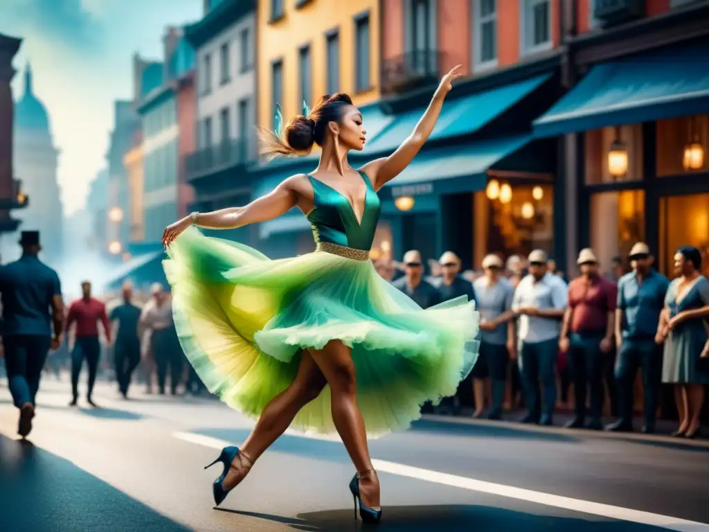 Una acuarela detallada muestra un artista capturando el movimiento de una bailarina en la calle de una ciudad bulliciosa