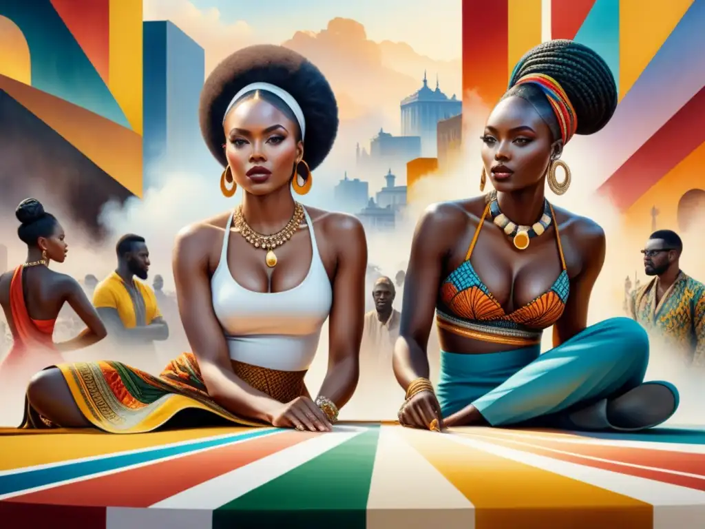 Una acuarela detallada de artistas africanos contemporáneos usando innovadoras técnicas de arte, fusionando tradición y modernidad