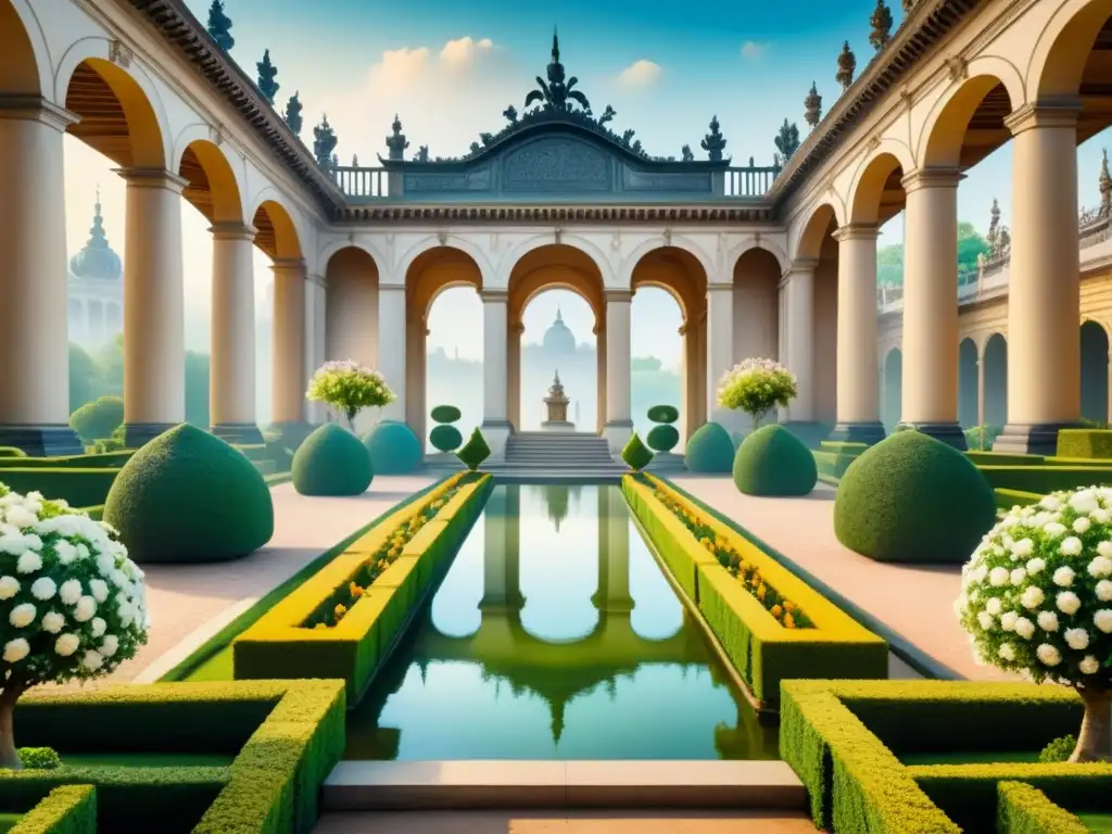 Pintura detallada de jardín barroco: naturaleza y arte Una acuarela detallada de un jardín barroco, mostrando setos ornamentales, arreglos florales e imponentes figuras, con un palacio de fondo