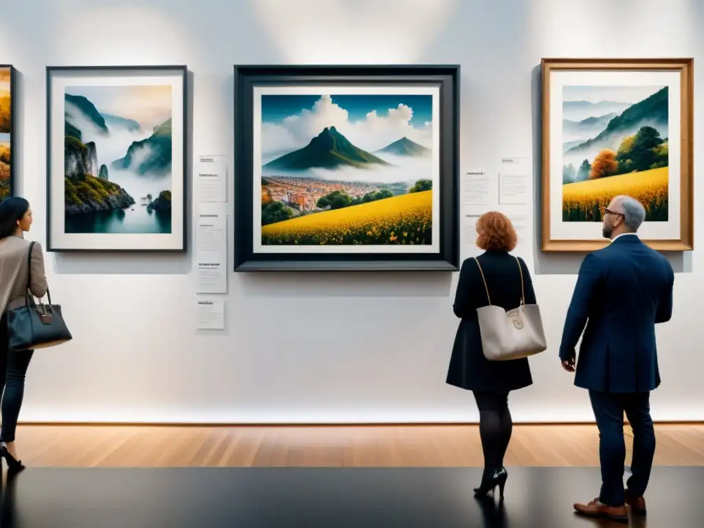 Una acuarela detallada de una bulliciosa exposición de arte con visitantes diversos admirando fotografías cautivadoras en paredes blancas impecables