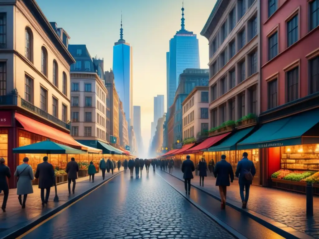 Una acuarela detallada que muestra una bulliciosa calle de la ciudad con rascacielos y perspectiva, enriquecida por técnicas de perspectiva en arte