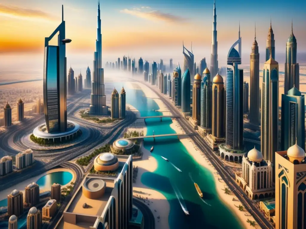 Una acuarela detallada de las bulliciosas calles de Dubai al atardecer, mostrando la arquitectura árabe y modernos rascacielos con arte urbano