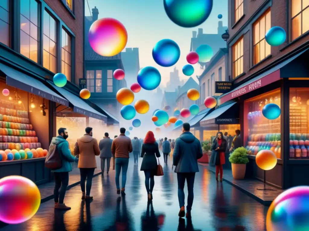 Una acuarela detallada muestra un bullicioso mercado digital de NFT arte en burbuja especulativa