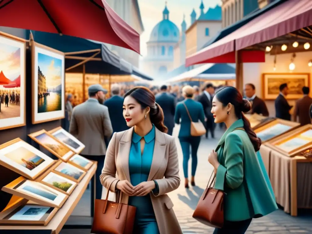 Escena vibrante: Mercado de arte diverso y sofisticado Una acuarela detallada de un bullicioso mercado de arte, donde se aprecia la diversidad y emoción de la inversión en arte