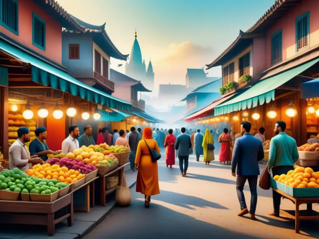 Mercado multicultural: pintura acuarela detallada Acuarela detallada de un bullicioso mercado en una ciudad culturalmente rica
