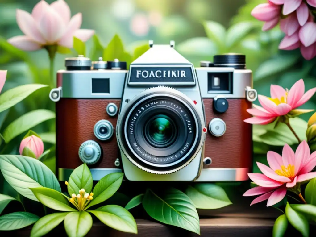 Acuarela detallada de una cámara vintage rodeada de flores, reflejando la fotografía analógica como arte