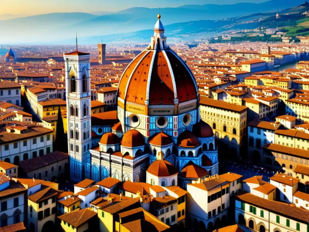 Una acuarela detallada de Florencia, Italia, capturando la cúpula icónica de la Catedral de Santa Maria del Fiore