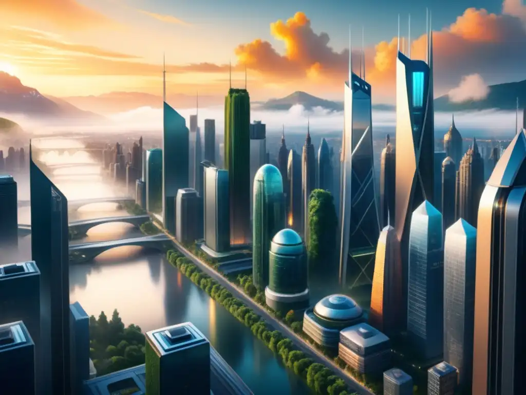 Una acuarela detallada de una ciudad futurista en Norteamérica: rascacielos digitales y naturaleza se fusionan en un atardecer vibrante