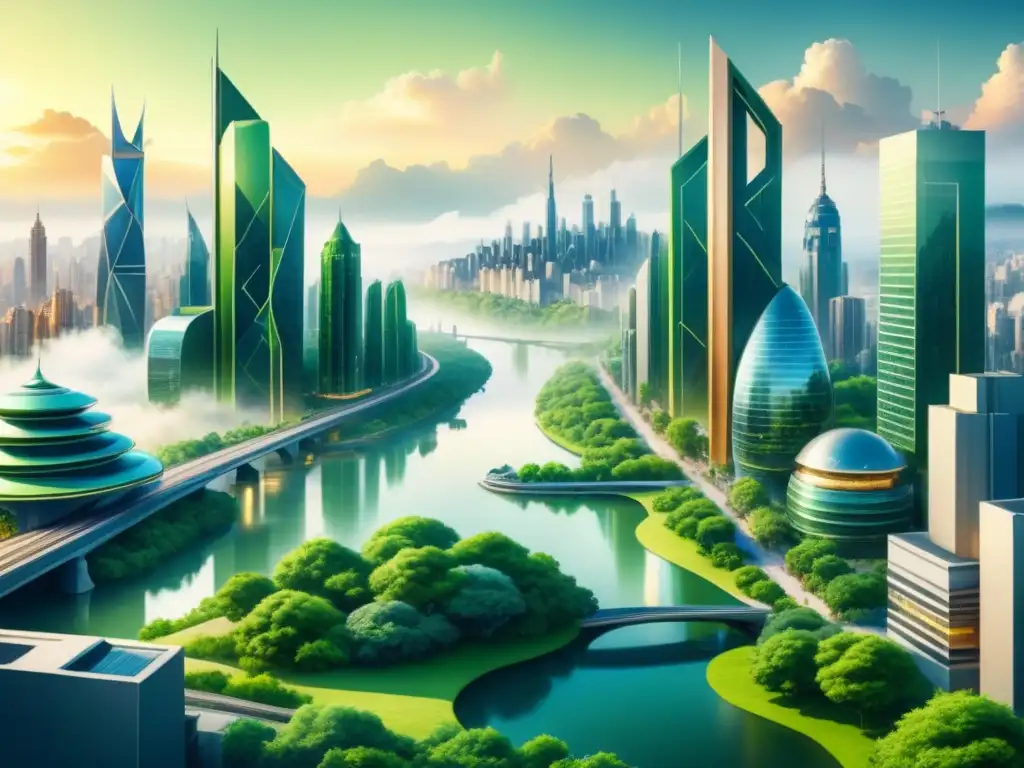 Una acuarela detallada de una ciudad futurista donde la naturaleza y lo urbano se mezclan armoniosamente al anochecer, iluminando con suave luz cálida