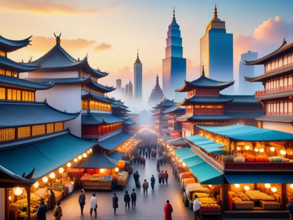 Acuarela detallada de ciudad multicultural fusionando estilos arquitectónicos del mundo, reflejando influencia culturas extranjeras arte local