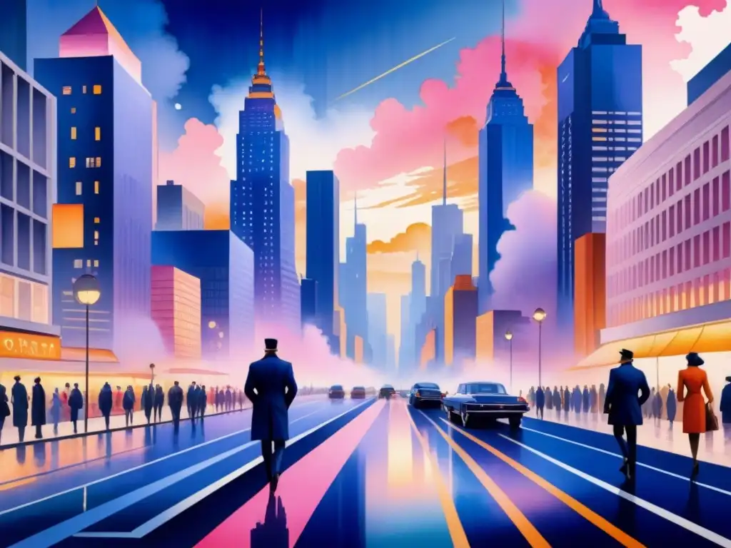 Una acuarela detallada de la ciudad al amanecer, reflejando la Revolución del modernismo en arte