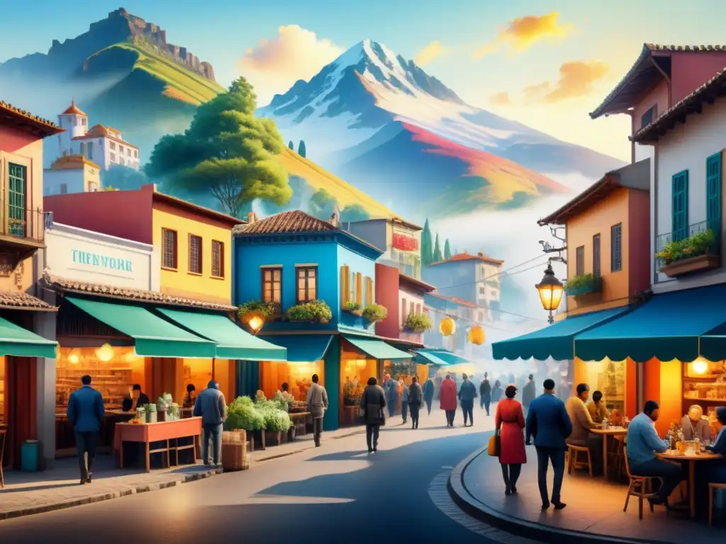 Pintura detallada de ciudad vibrante en acuarela Una acuarela detallada de una ciudad vibrante y compleja, con edificios coloridos, calles sinuosas y un cielo azul claro