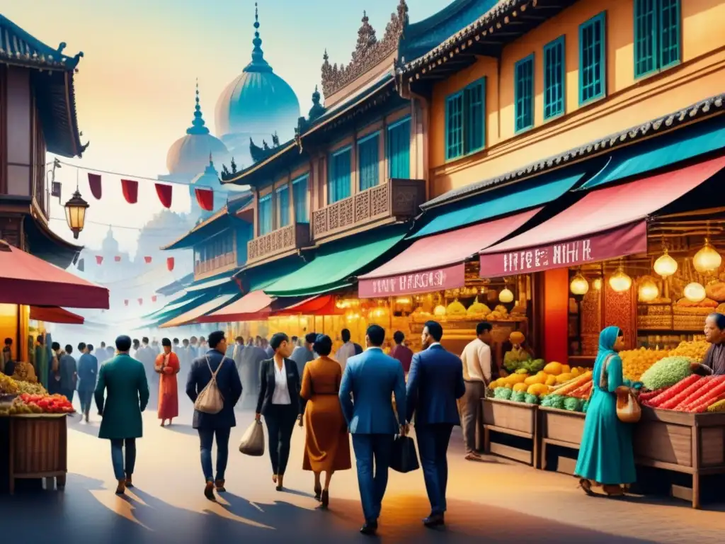 Pintura acuarela de ciudad diversa con arquitectura mundial Una acuarela detallada de una ciudad vibrante y diversa, con una fusión de estilos arquitectónicos de todo el mundo
