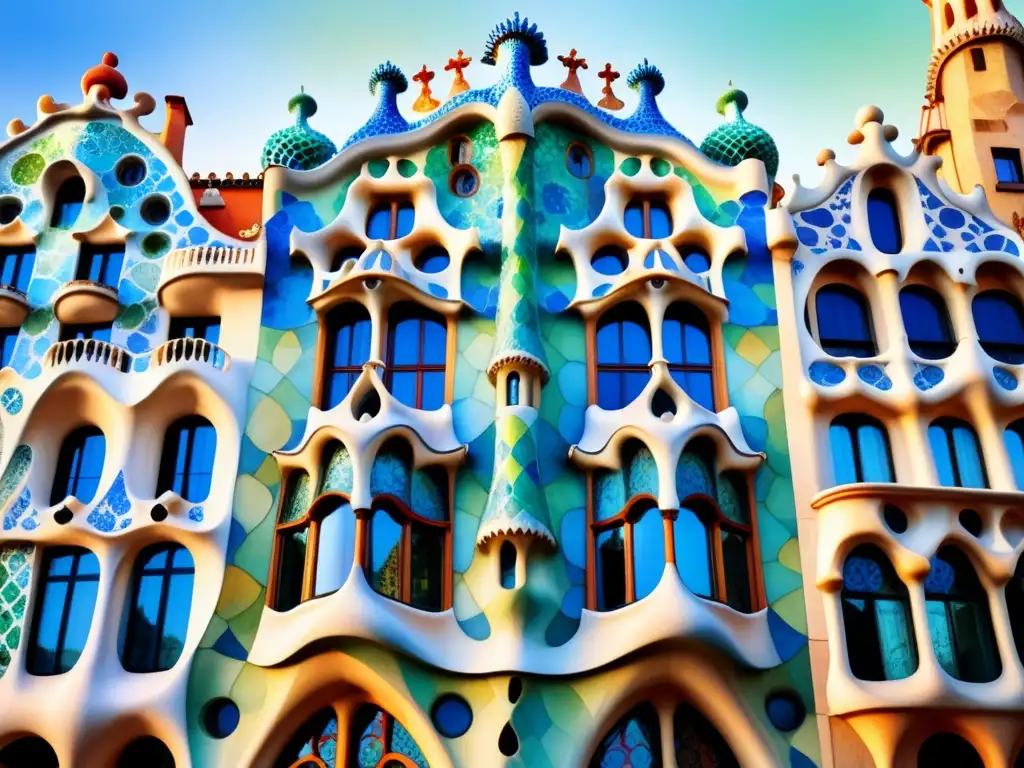 Acuarela detallada de Casa Batlló de Gaudí, resaltando colores y formas orgánicas en la arquitectura modernista de Gaudí