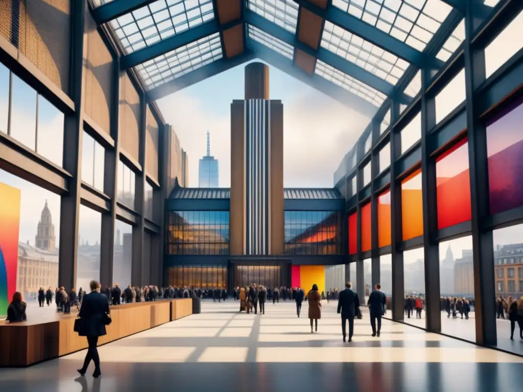 Una acuarela detallada del Tate Modern en Londres, reflejando su diseño arquitectónico único con formas geométricas y ventanas de cristal