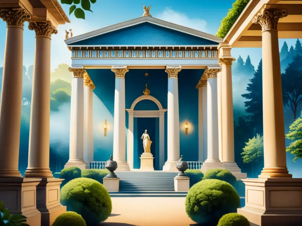 Pintura en acuarela de edificio neoclásico con detalles majestuosos Acuarela detallada de edificio neoclásico con columnas y estatuas, en armonía con la naturaleza