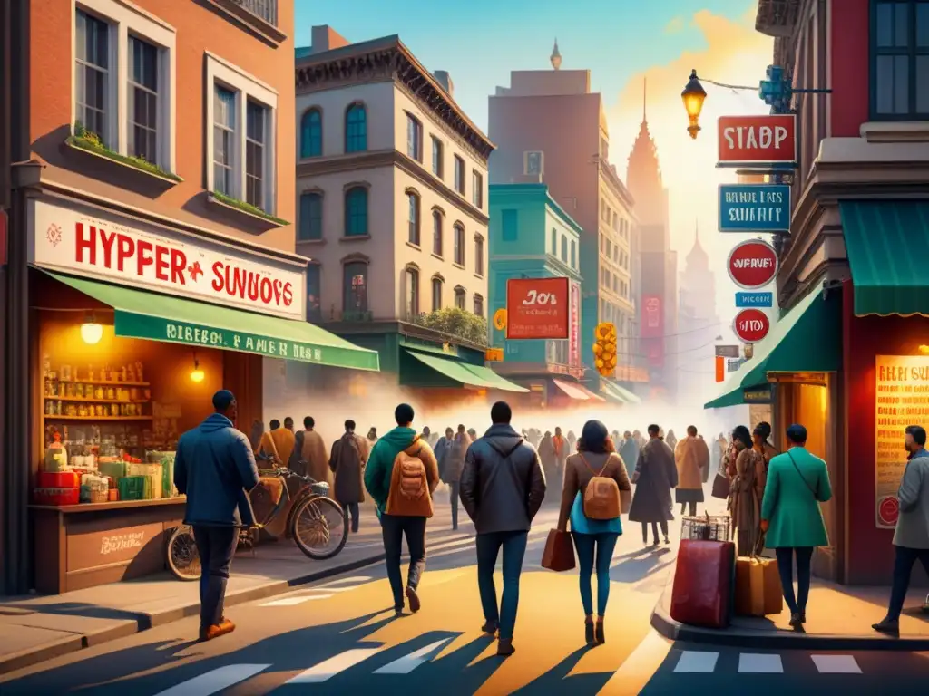 Pintura acuarela: esquina urbana vibrante y diversa Acuarela detallada de una esquina urbana con personas diversas y objetos encontrados en postmodernismo