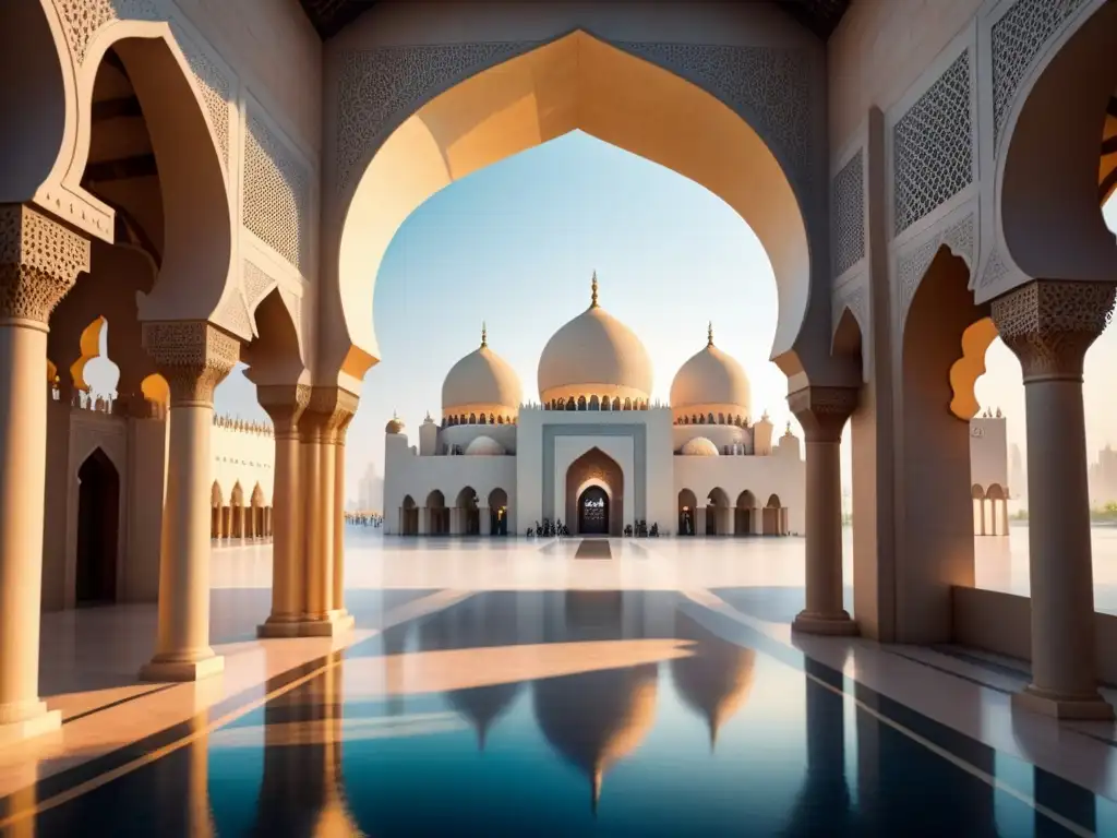 Una acuarela detallada del exterior impresionante del Museo de Arte Islámico en Doha, Qatar, con su arquitectura icónica y patrones geométricos