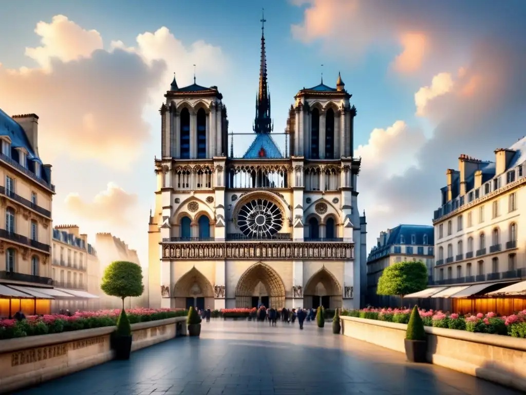 Una acuarela detallada de la fachada de la Catedral de Notre Dame en París, mostrando las rosáceas ventanas, altas agujas y esculturas bajo una atmósfera serena y etérea