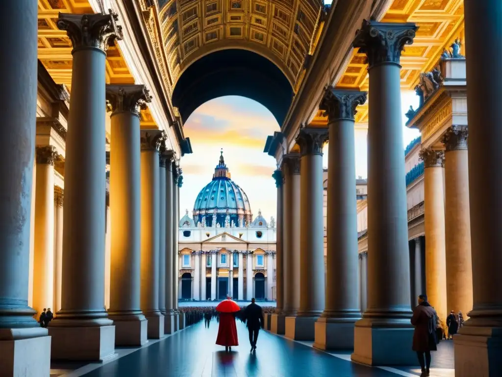 Una acuarela detallada de la fachada de la Basílica de San Pedro en el Vaticano, resaltando su arquitectura grandiosa y detalles ornamentales bajo la cálida luz del sol