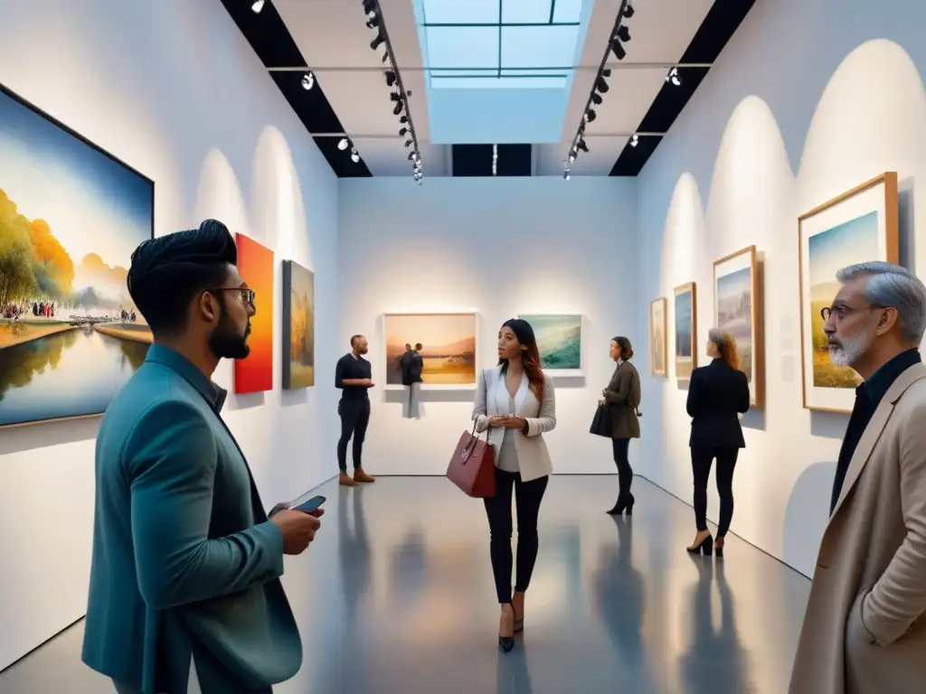 Una acuarela detallada que muestra una galería de arte bulliciosa llena de visitantes diversos interactuando con obras de arte contemporáneo