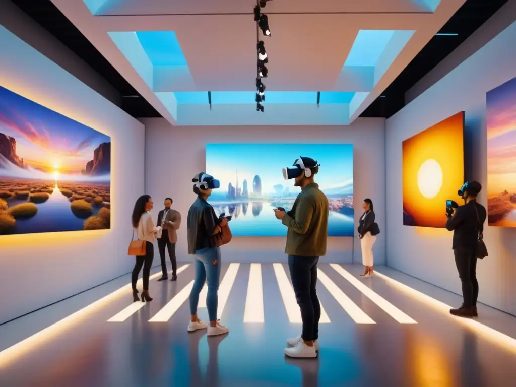 Una acuarela detallada muestra una galería de arte futurista con instalaciones de realidad virtual