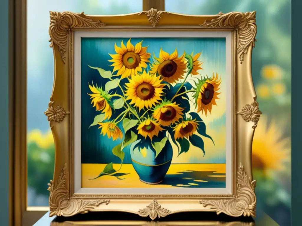 Una acuarela detallada de 'Girasoles' de Van Gogh en marco dorado, con iluminación cálida y fondo difuminado, en un ambiente de museo