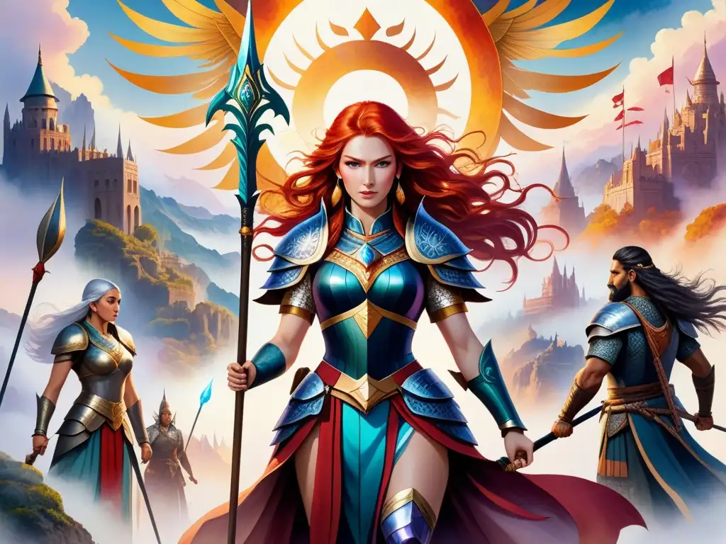 Una acuarela detallada de heroínas y héroes de diversas culturas y mitologías, destacando una valiente guerrera con cabello rojo y armadura adornada