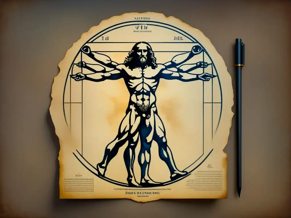 Una acuarela detallada del Hombre de Vitruvio de Leonardo da Vinci, mostrando las proporciones anatómicas con maestría renacentista