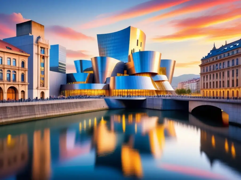 Una acuarela detallada del icónico Museo Guggenheim en Bilbao, España, resaltando su arquitectura innovadora en un atardecer vibrante