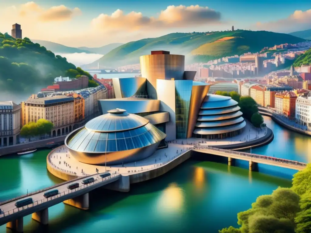 Una acuarela detallada del icónico Museo Guggenheim en Bilbao, España, resaltando la arquitectura y la historia cultural