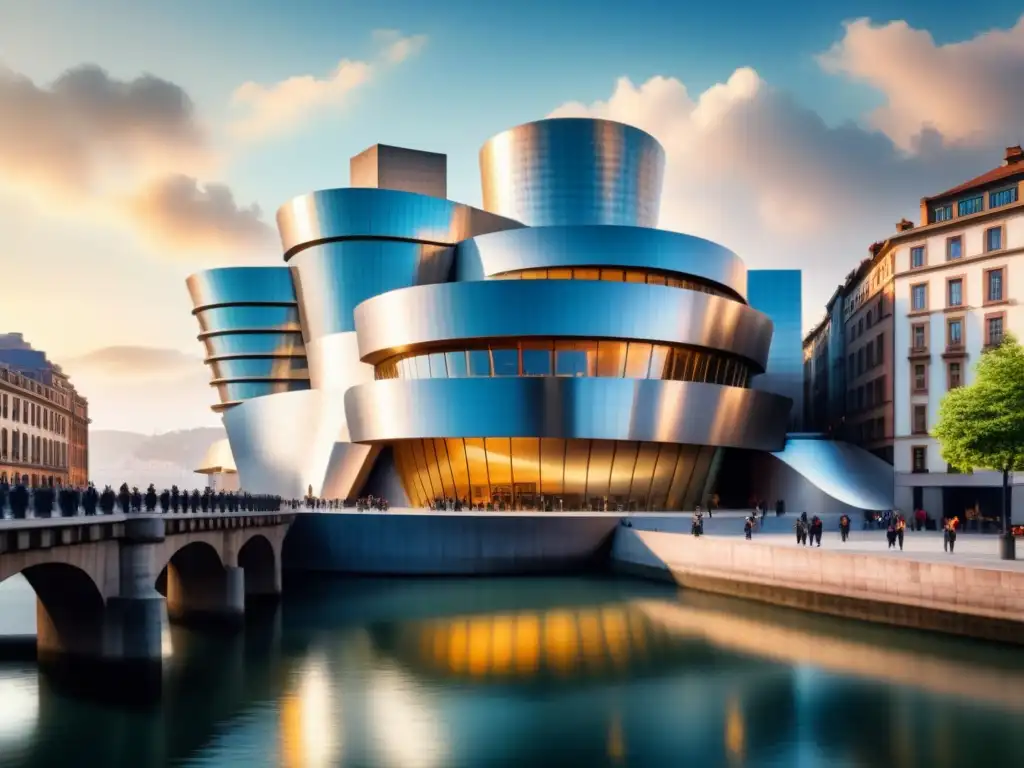 Acuarela detallada del icónico Museo Guggenheim en Bilbao, destacando sus curvas de titanio y juego de luces y sombras