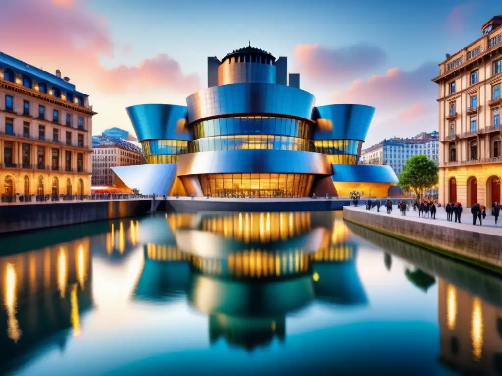 Acuarela detallada del icónico Museo Guggenheim en Bilbao, reflejando su arquitectura única y futurista