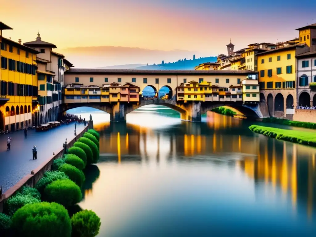 Una acuarela detallada del icónico Puente Vecchio en Florencia, Italia, reflejando su arquitectura histórica y el río Arno