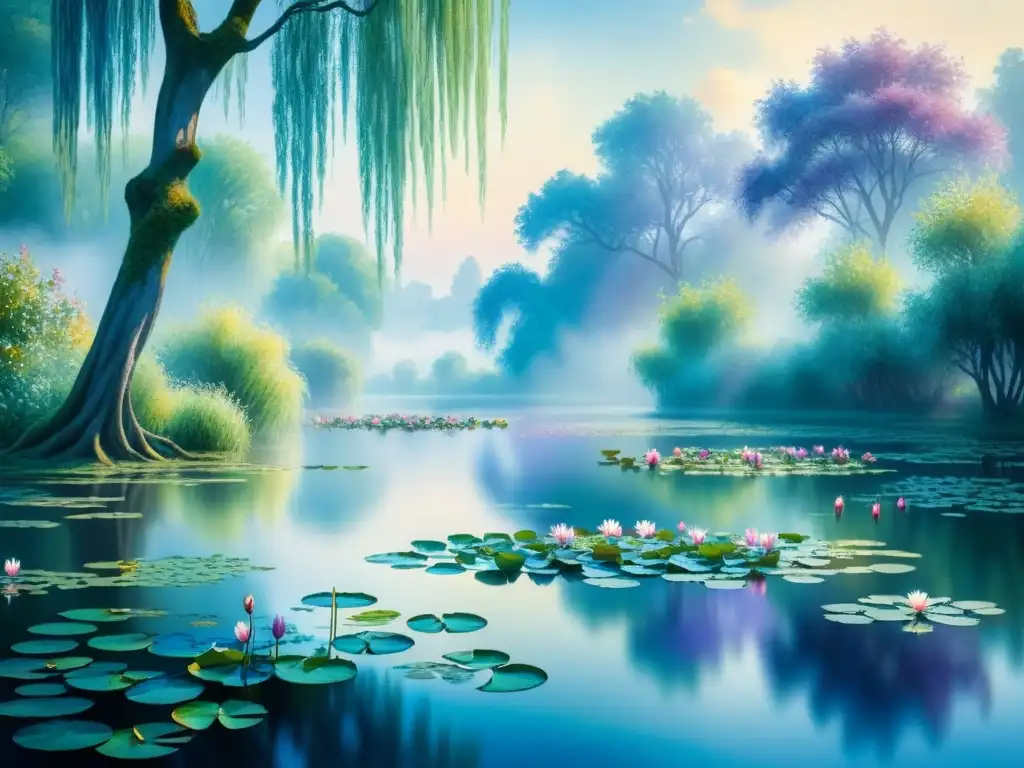 Pintura acuarela detallada de los nenúfares de Monet en Giverny Una acuarela detallada de Monet: los nenúfares en Giverny reflejan la importancia del agua en su arte, con tonos vibrantes y serenidad
