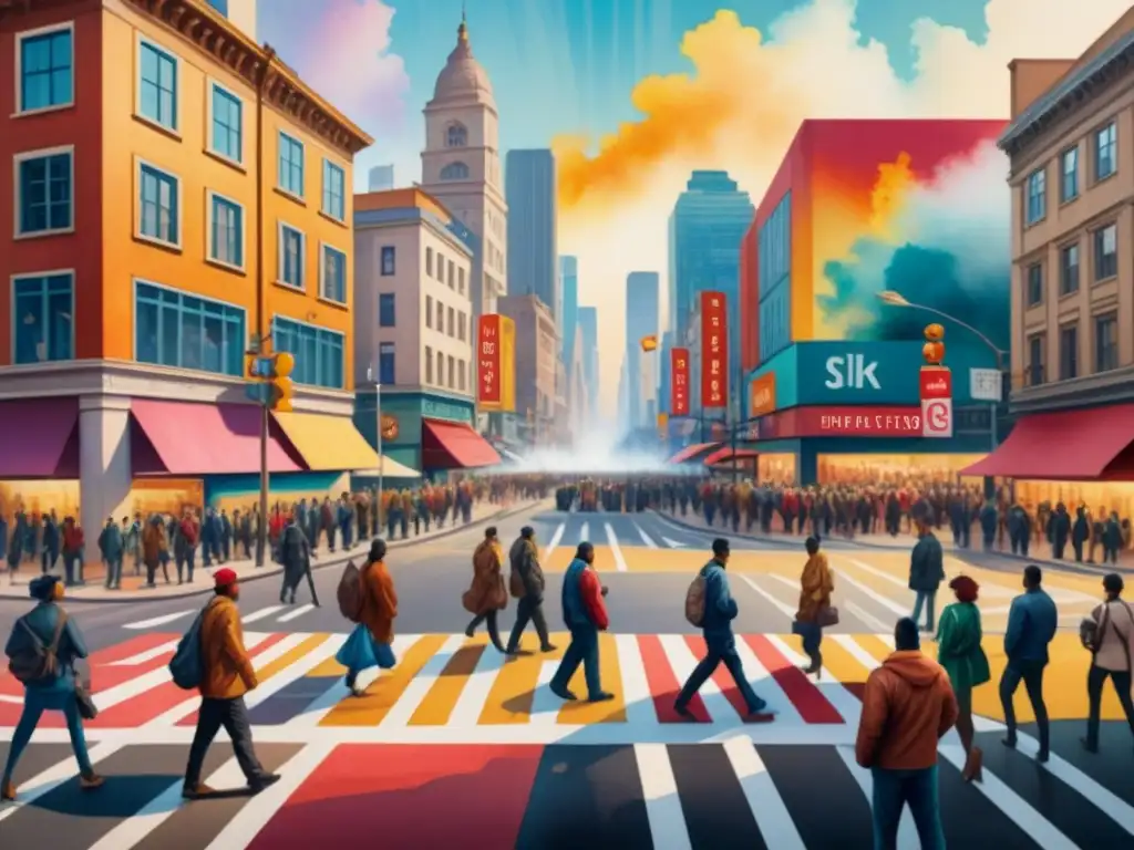 Una acuarela detallada de una intersección urbana con diversidad cultural y arte callejero que visibiliza luchas sociales