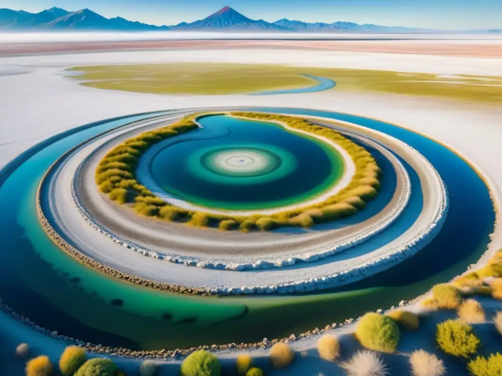 Una acuarela detallada de la 'Spiral Jetty' de Robert Smithson, resaltando la interacción entre tierra y agua en esta icónica obra de Land Art