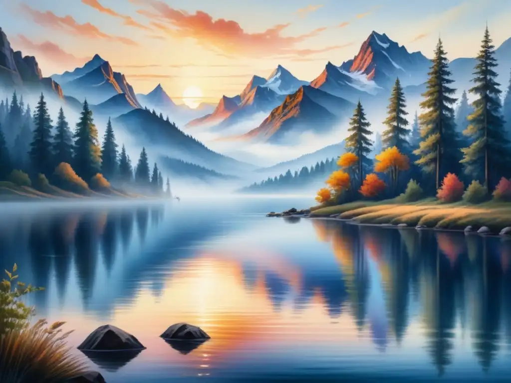 Pintura acuarela detallada de un lago al atardecer Una acuarela detallada de un lago sereno reflejando un vibrante atardecer, con técnicas efectos textura acuarela