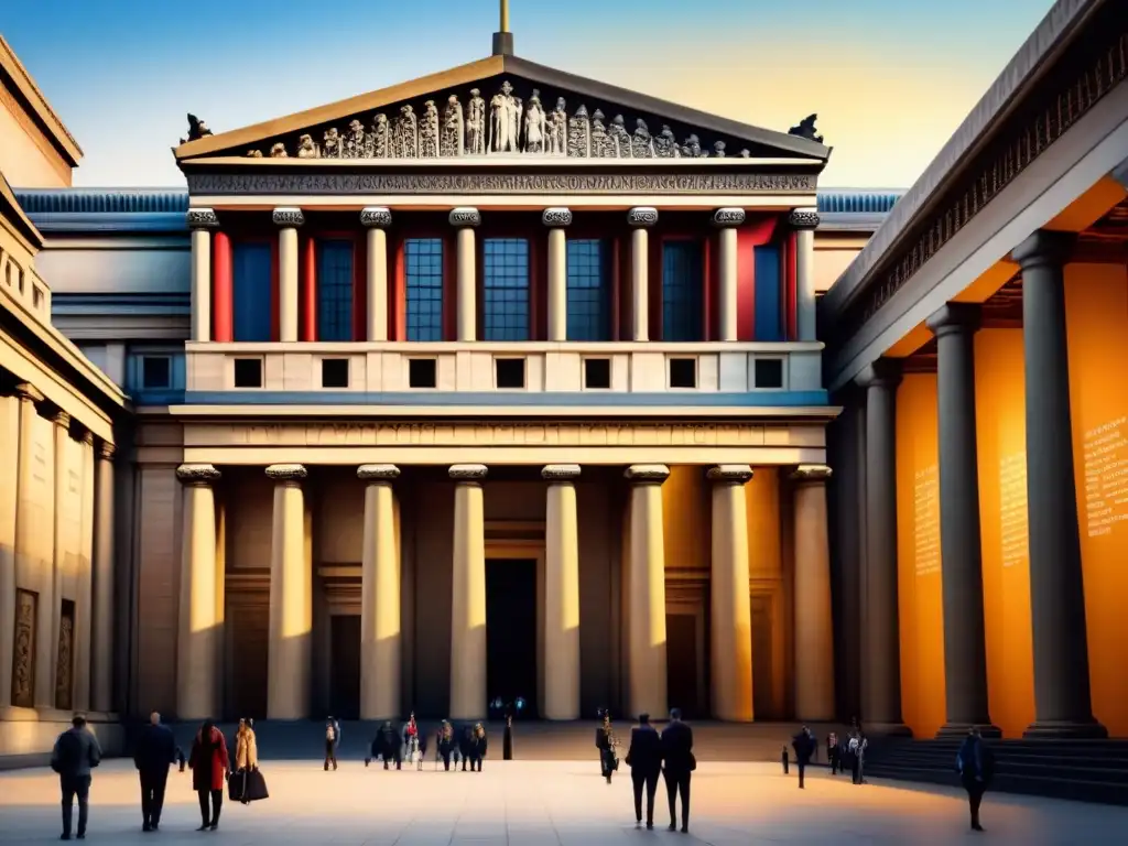 Una acuarela detallada del icónico British Museum en la luz matutina, capturando su arquitectura y grandiosidad