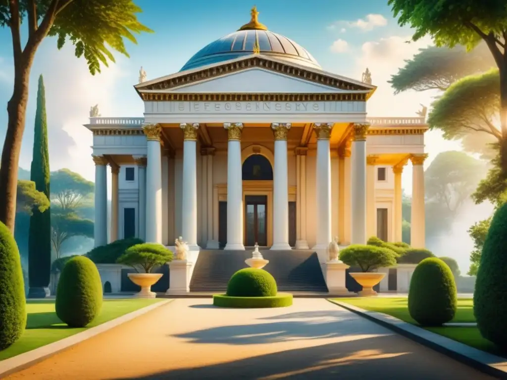 Pintura acuarela de edificio neoclásico con jardines exuberantes y estatuas Acuarela detallada de majestuoso edificio neoclásico con jardines verdes y estatuas, evocando la antigüedad clásica