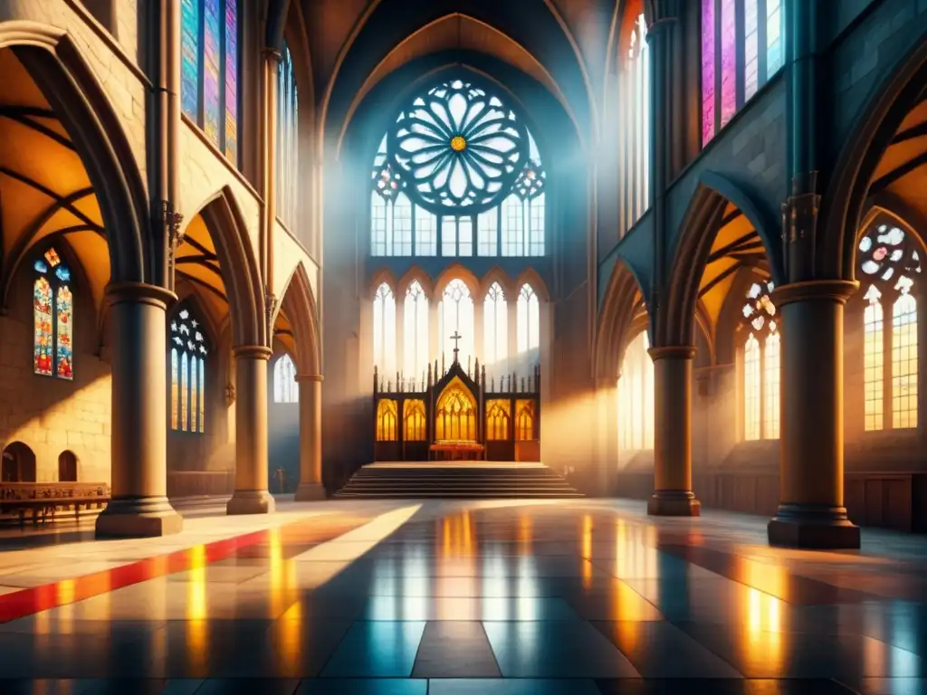 Acuarela detallada de catedral medieval iluminada por el atardecer, simbolizando el color en arte medieval