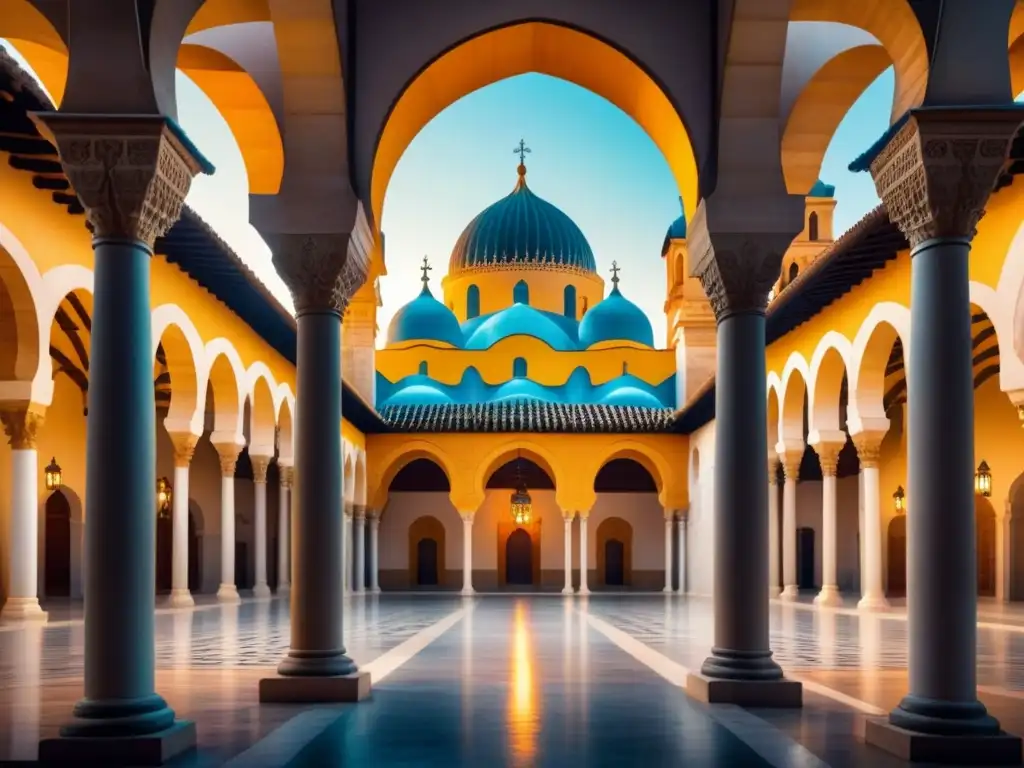 Acuarela MosqueCathedral de Córdoba: fusión cultural medieval Acuarela detallada de la Mezquita-Catedral de Córdoba en la Edad Media, fusionando el arte islámico con influencias europeas medievales